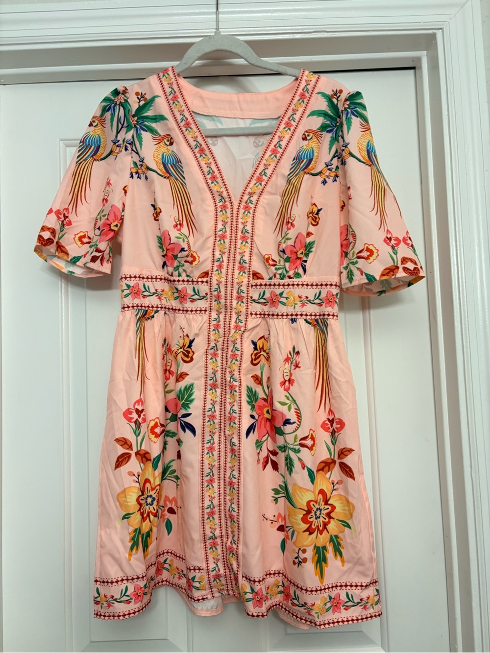 Pink Embroidered Floral & Parrot V-Neck Dress